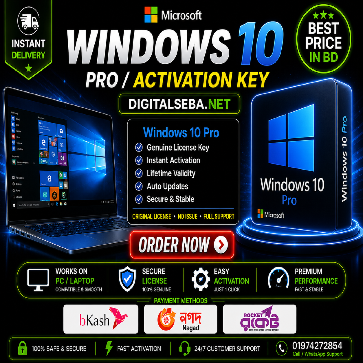 Buy Windows 10 Pro license key by bKash in Bangladesh instant activation