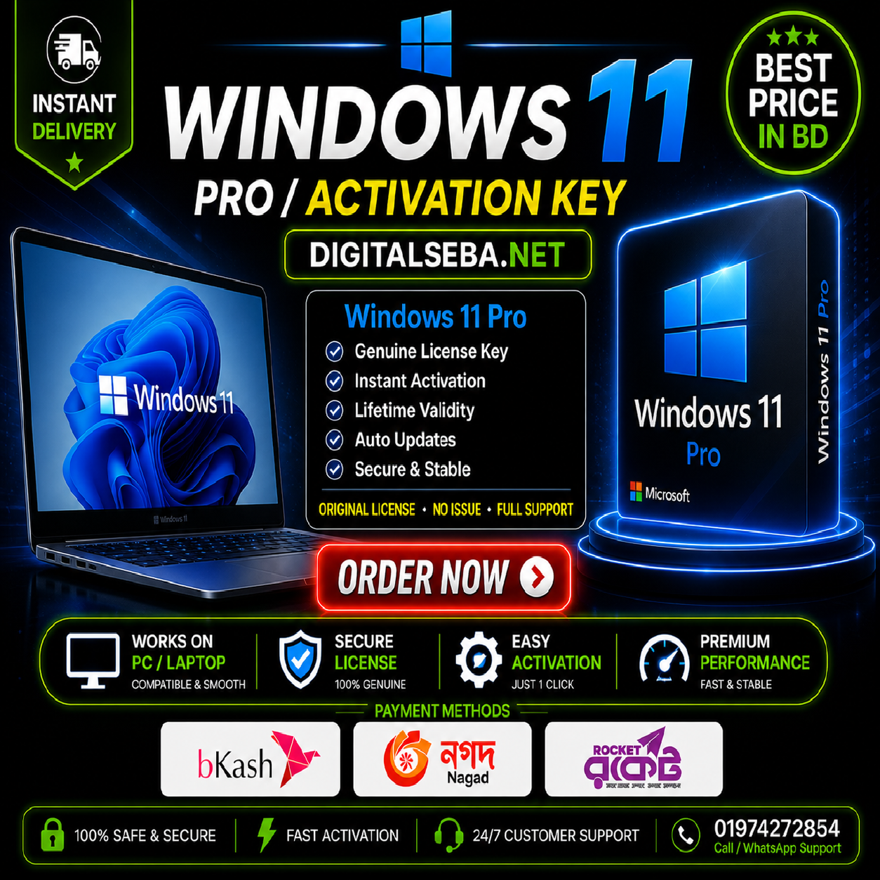 Buy Windows 11 Pro license key by bKash in Bangladesh instant delivery